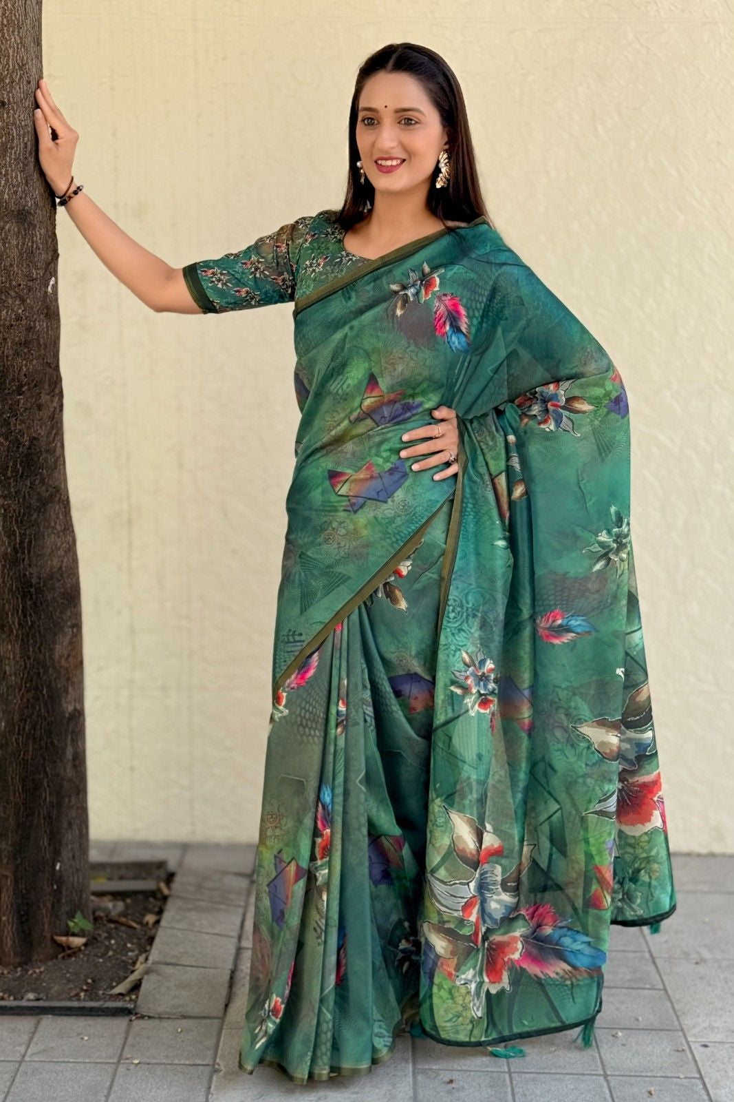 Silk Saree with digital floral print and fancy latkans
