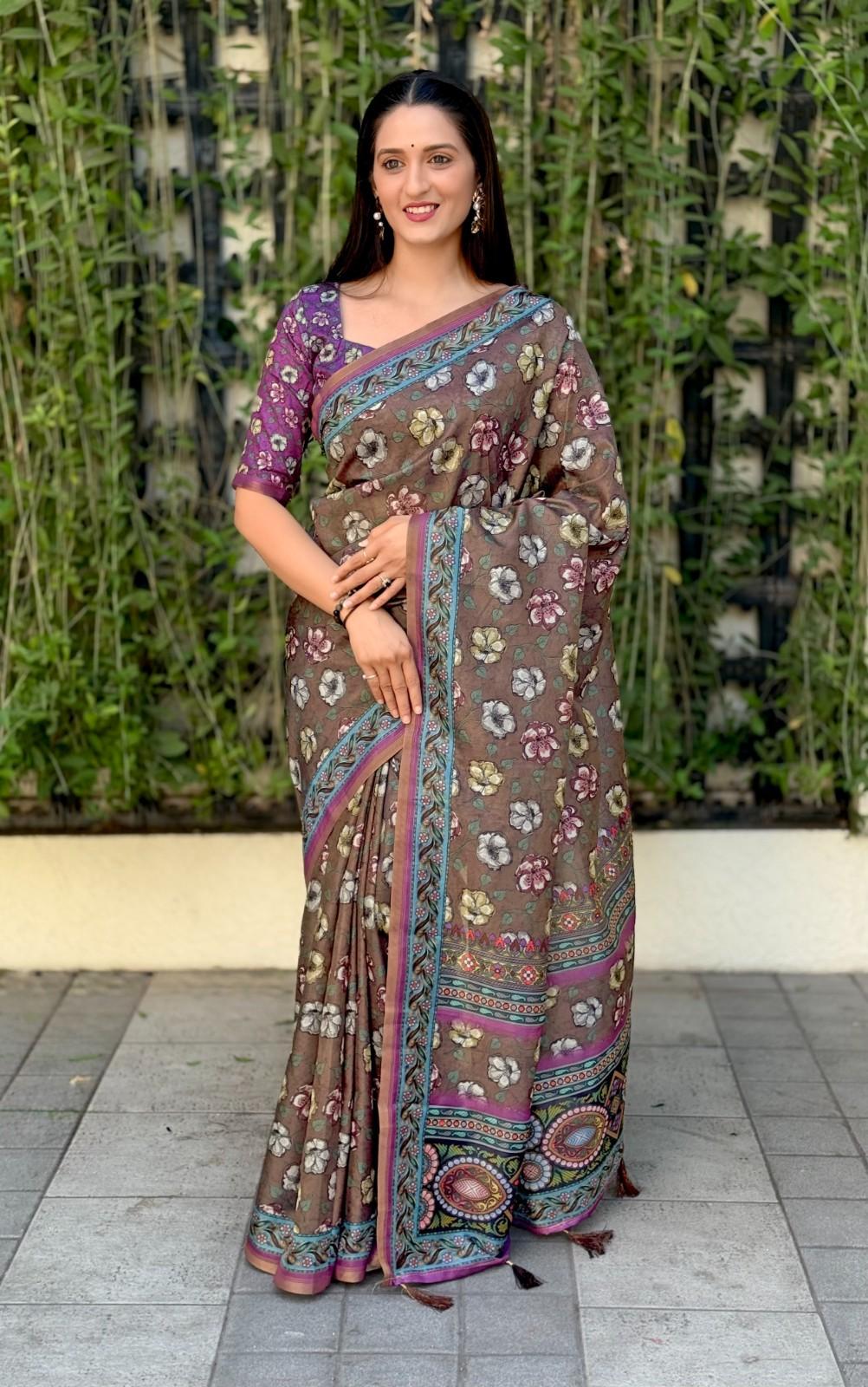 Silk Saree with digital floral print and fancy latkans