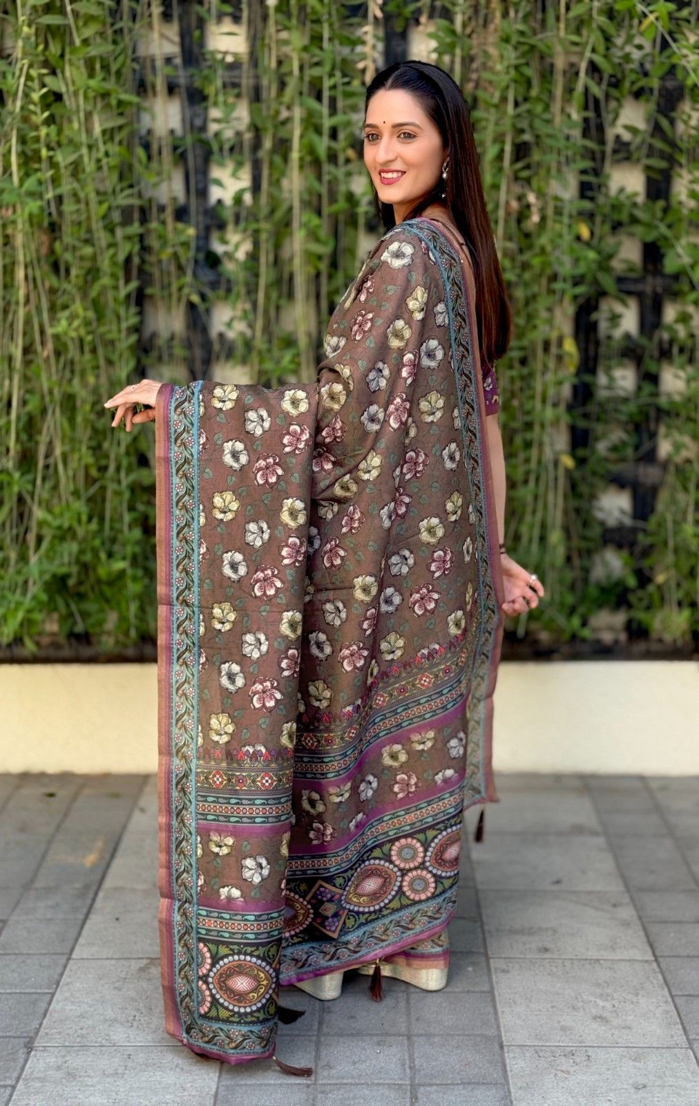 Silk Saree with digital floral print and fancy latkans