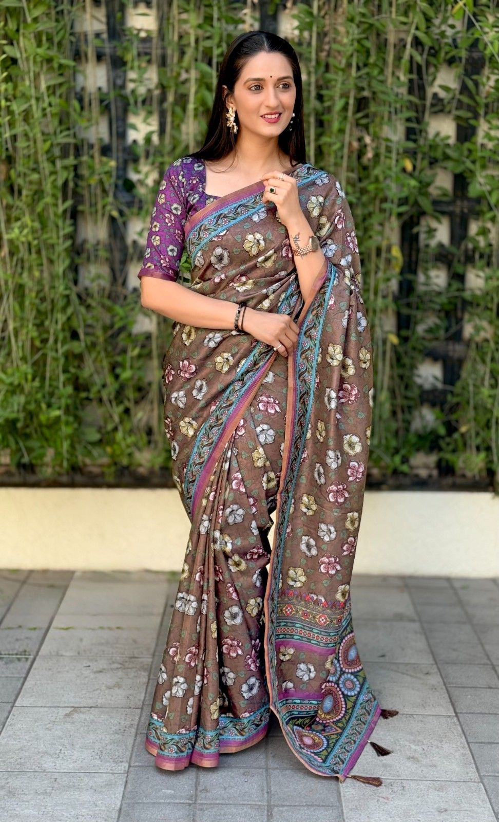 Silk Saree with digital floral print and fancy latkans