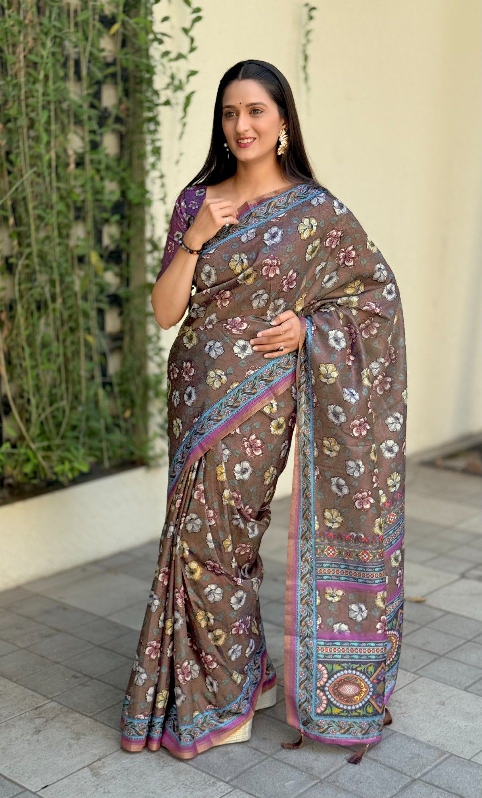 Silk Saree with digital floral print and fancy latkans