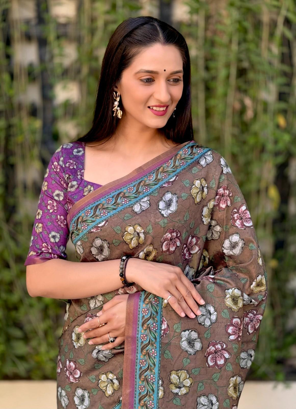 Silk Saree with digital floral print and fancy latkans