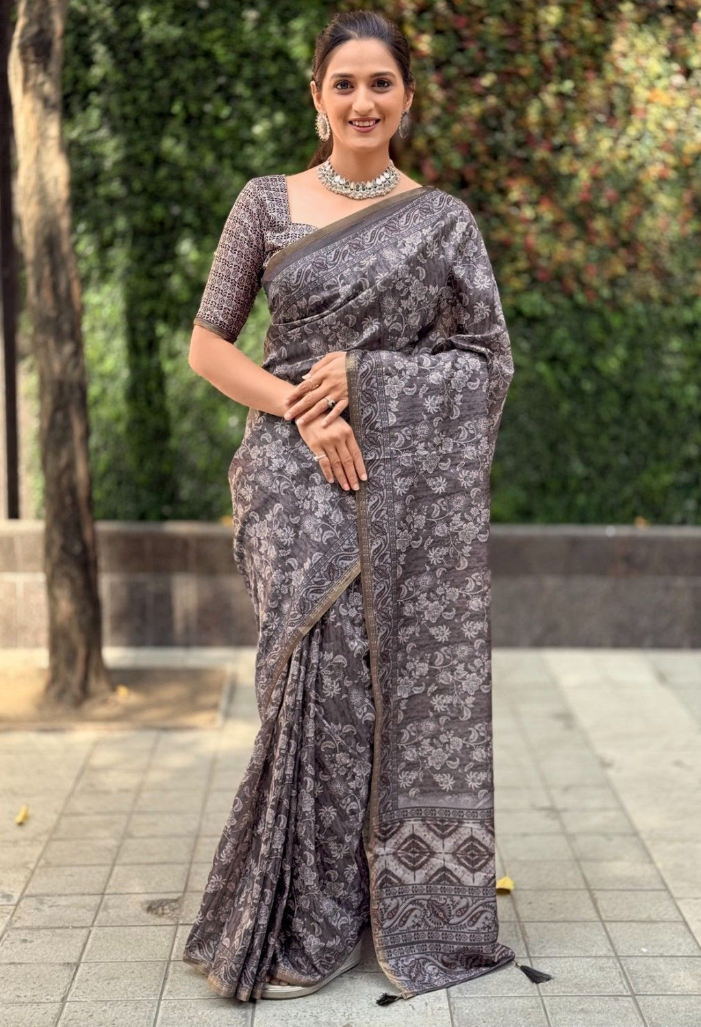 Silk Saree with digital floral print and fancy latkans