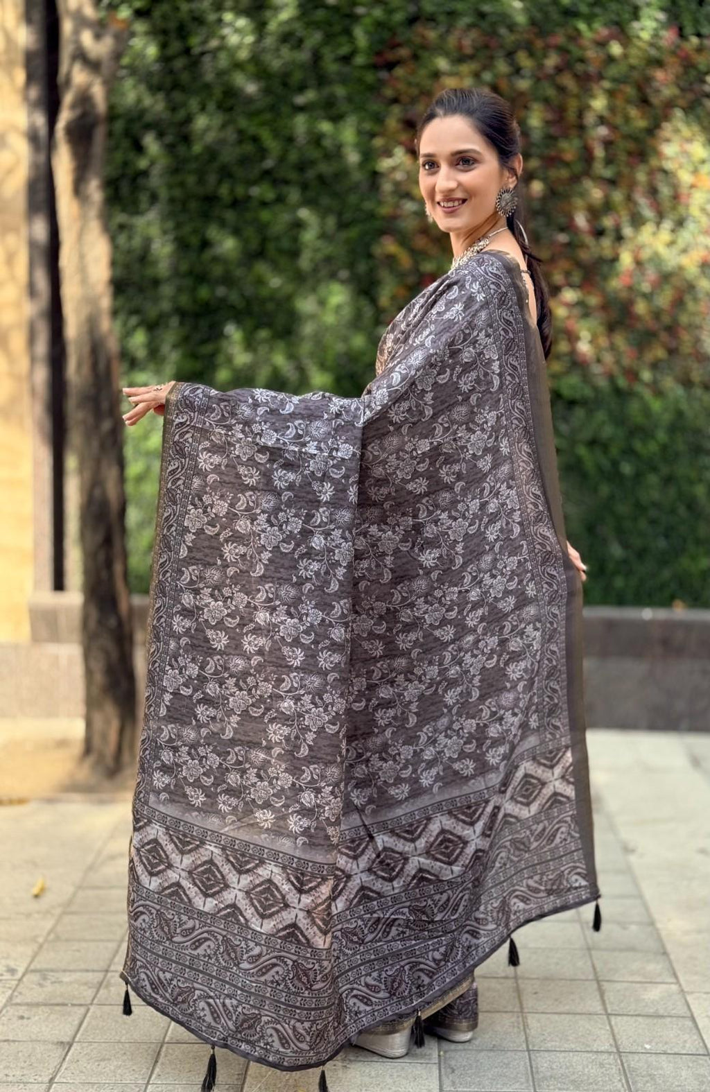 Silk Saree with digital floral print and fancy latkans