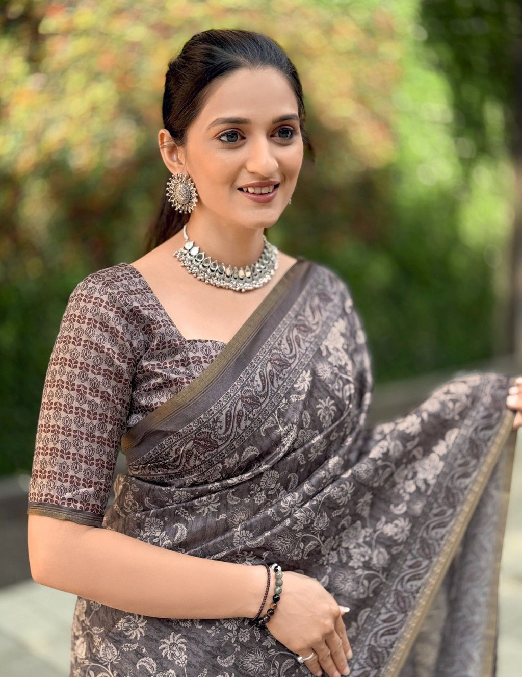 Silk Saree with digital floral print and fancy latkans