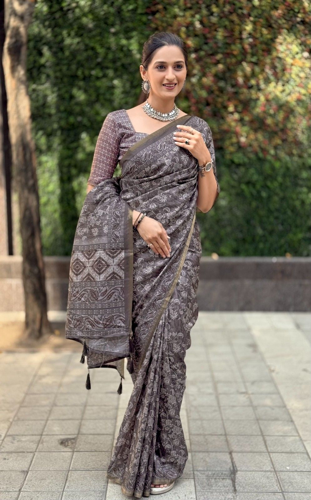 Silk Saree with digital floral print and fancy latkans