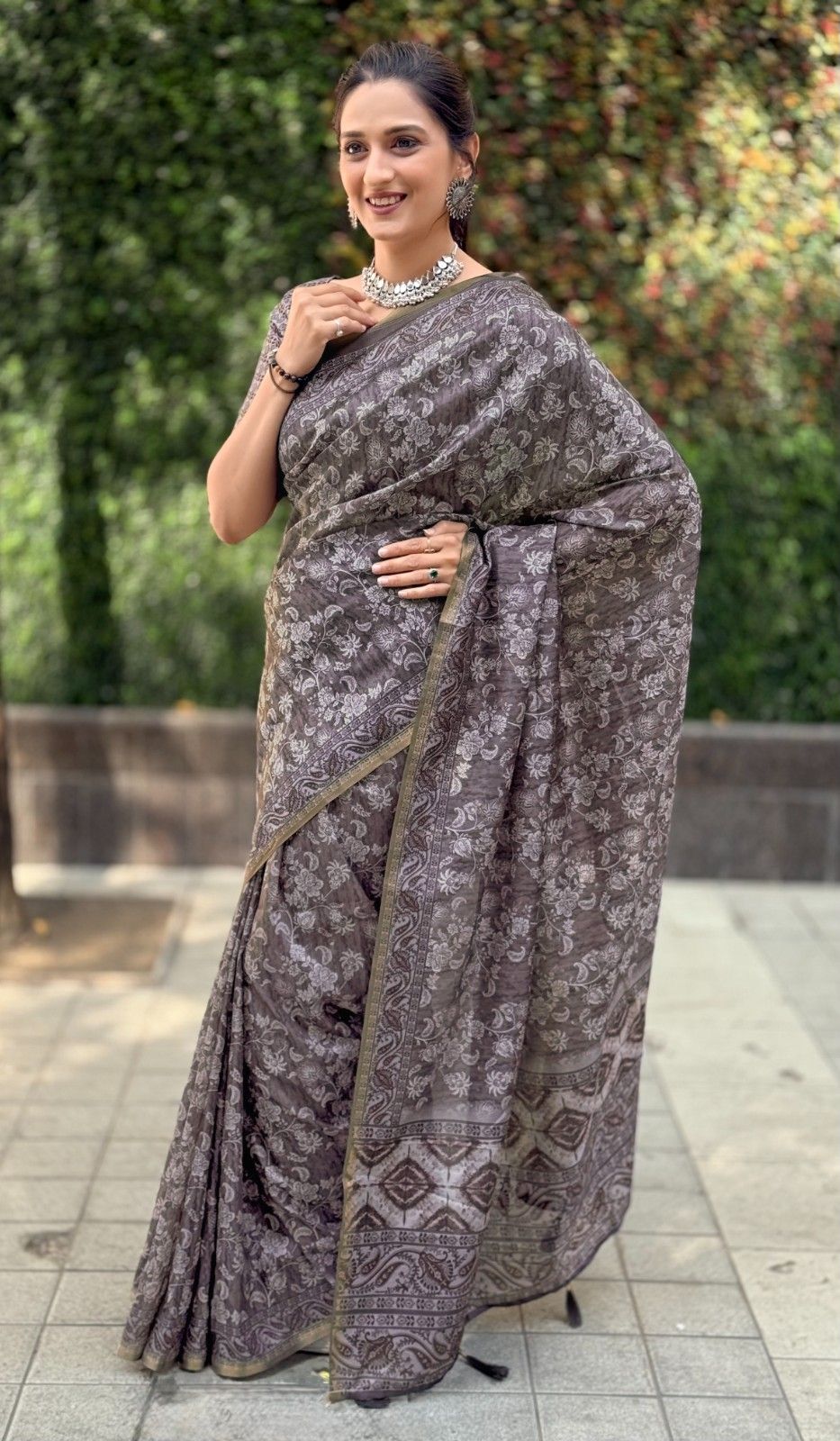 Silk Saree with digital floral print and fancy latkans