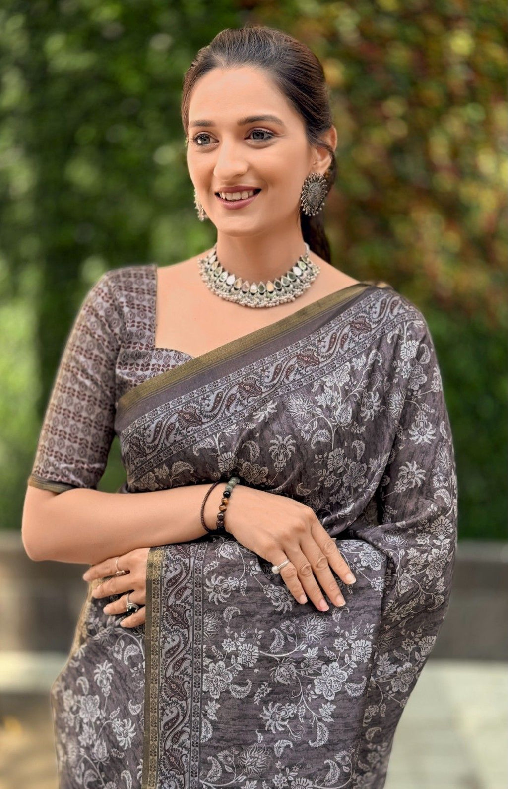 Silk Saree with digital floral print and fancy latkans