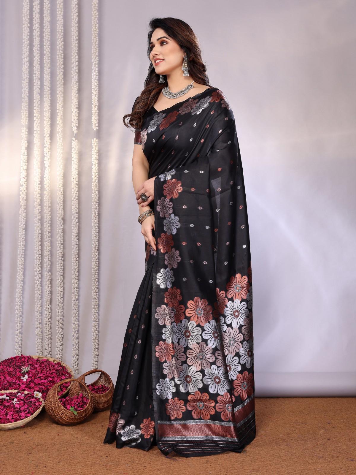 Traditional Banarasi Silk Saree with Copper & Silver Floral Motifs