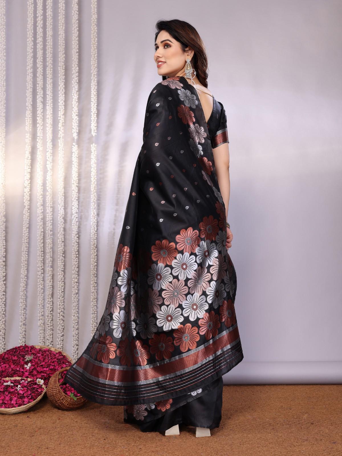 Traditional Banarasi Silk Saree with Copper & Silver Floral Motifs