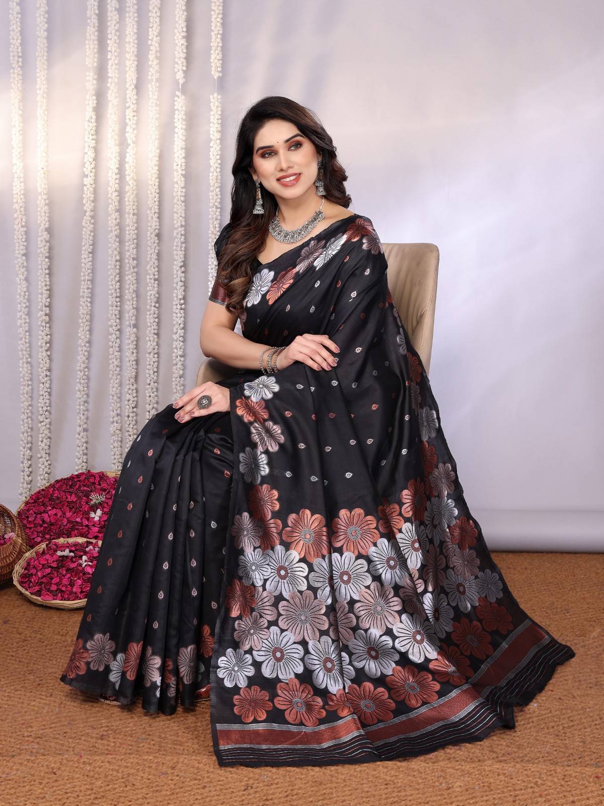 Traditional Banarasi Silk Saree with Copper & Silver Floral Motifs