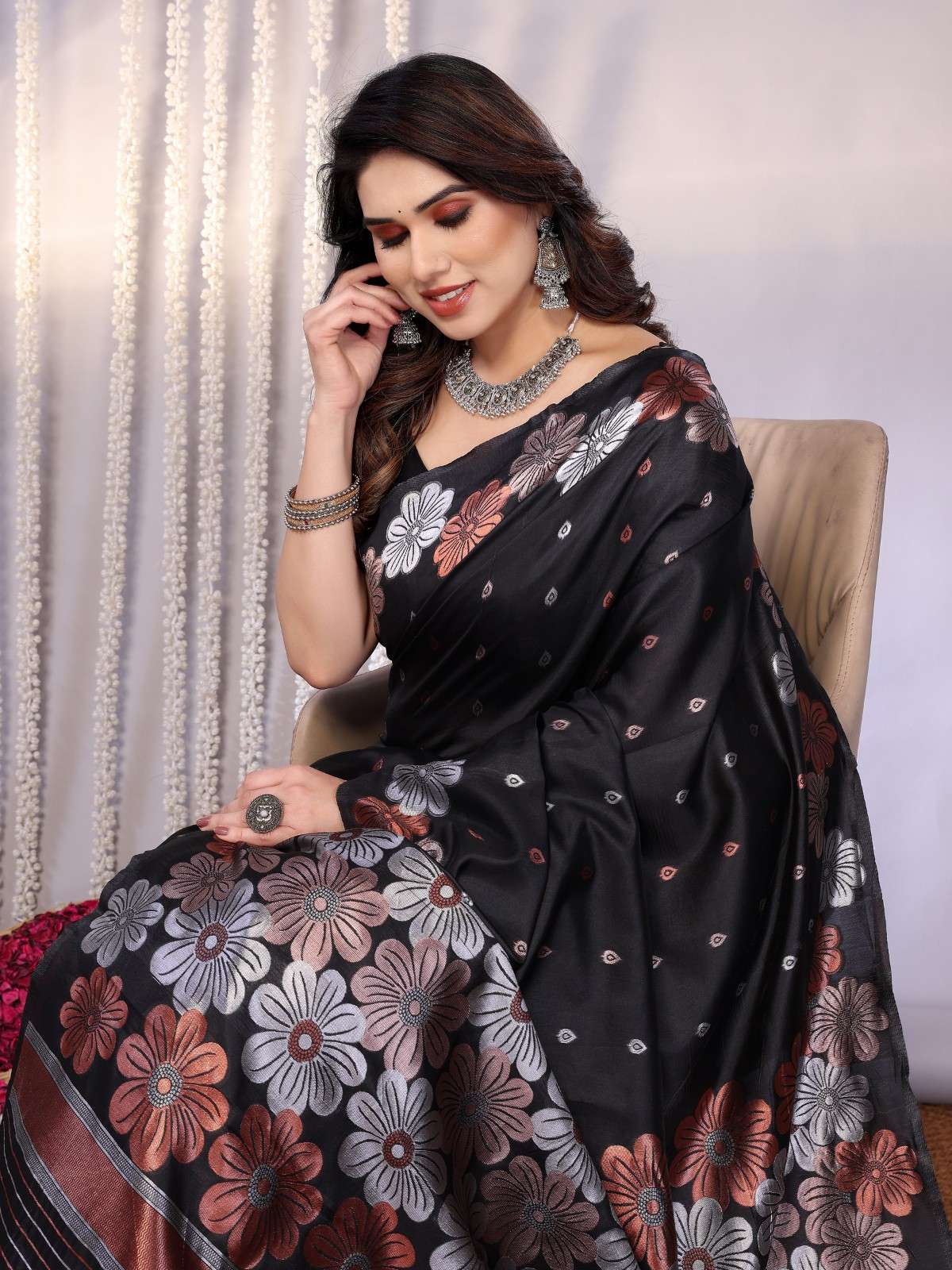 Traditional Banarasi Silk Saree with Copper & Silver Floral Motifs