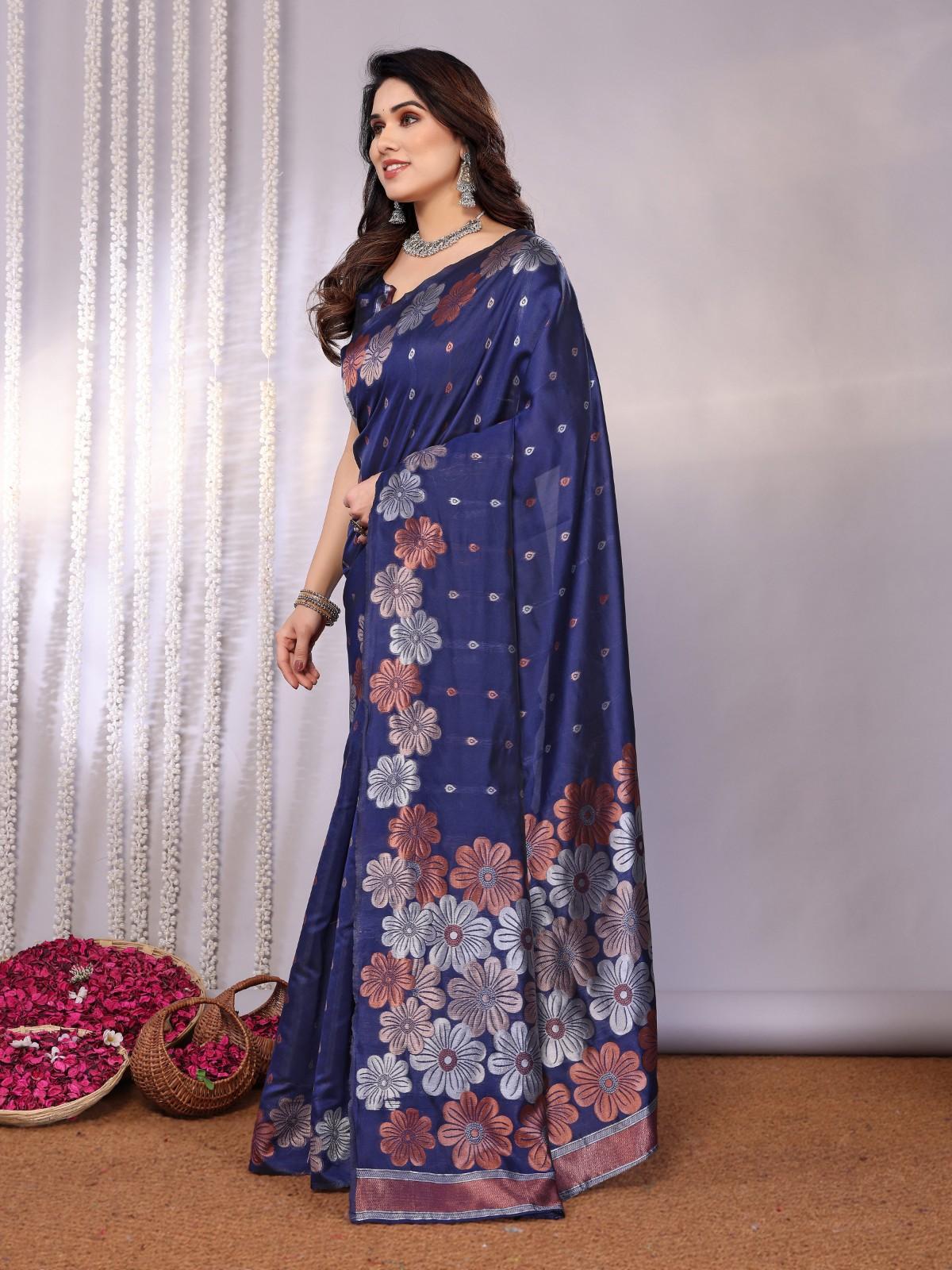 Traditional Banarasi Silk Saree with Copper & Silver Floral Motifs