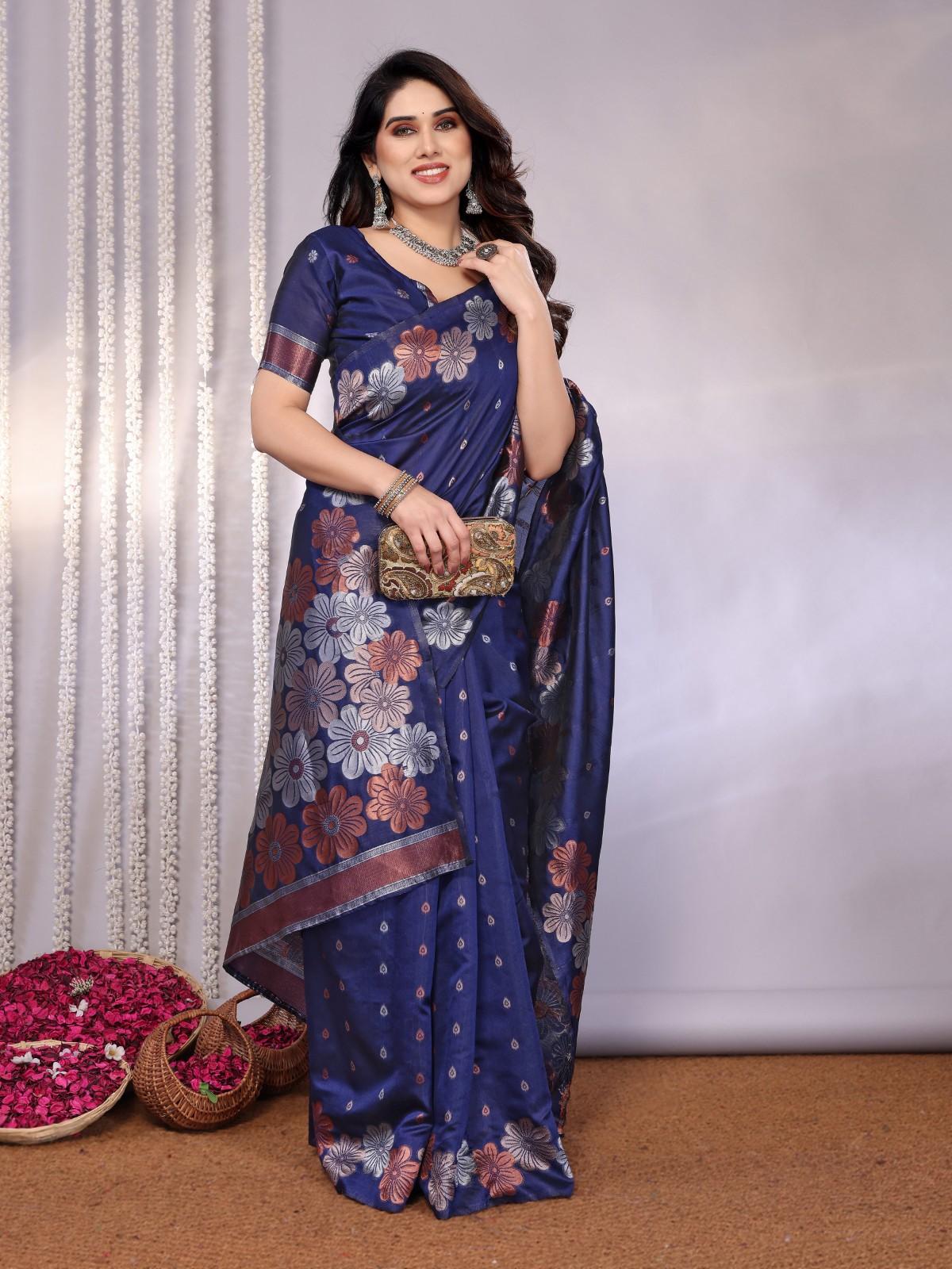 Traditional Banarasi Silk Saree with Copper & Silver Floral Motifs