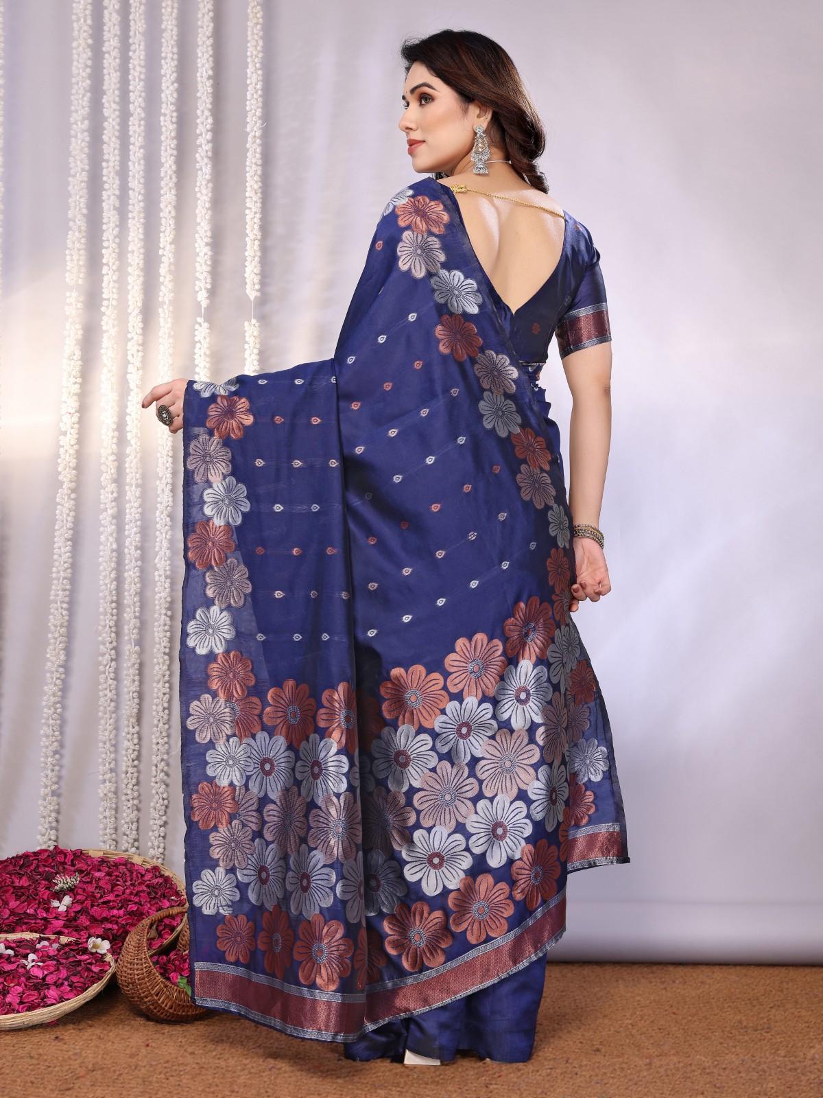 Traditional Banarasi Silk Saree with Copper & Silver Floral Motifs