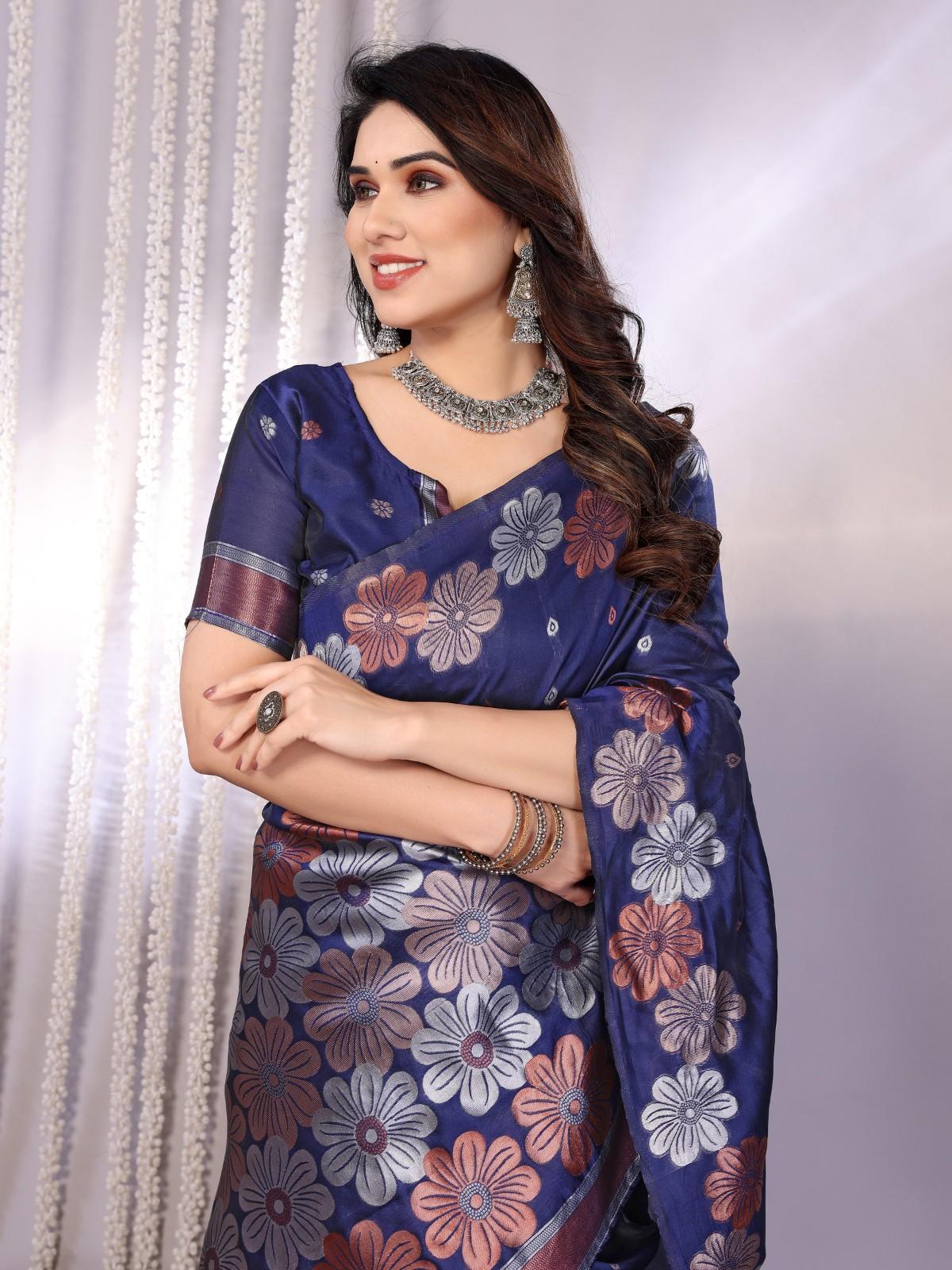 Traditional Banarasi Silk Saree with Copper & Silver Floral Motifs