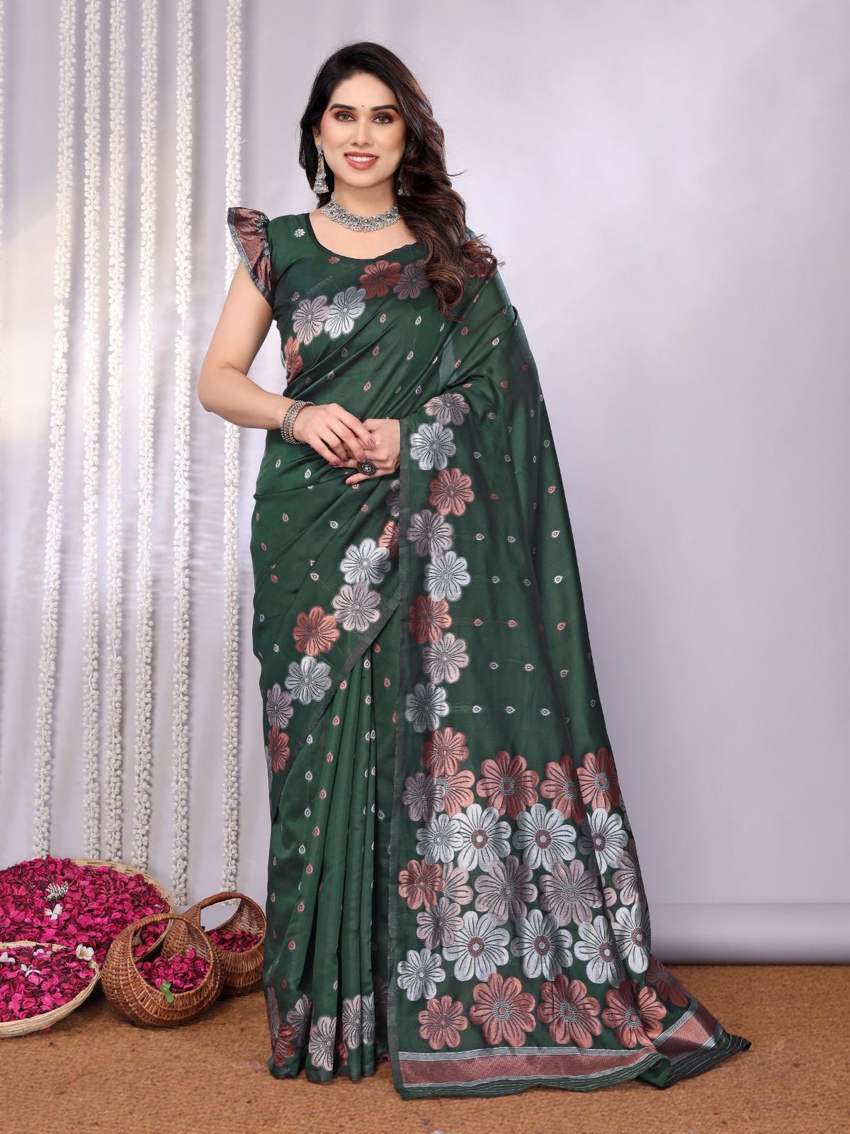 Traditional Banarasi Silk Saree with Copper & Silver Floral Motifs