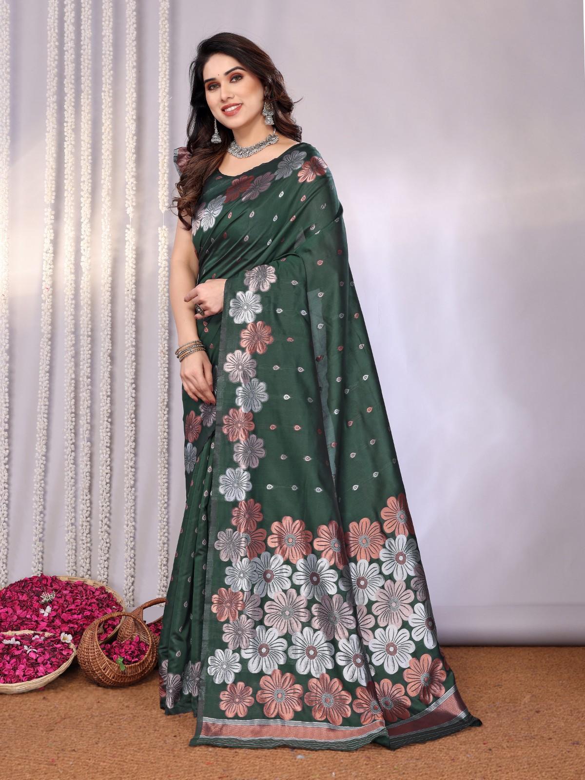 Traditional Banarasi Silk Saree with Copper & Silver Floral Motifs