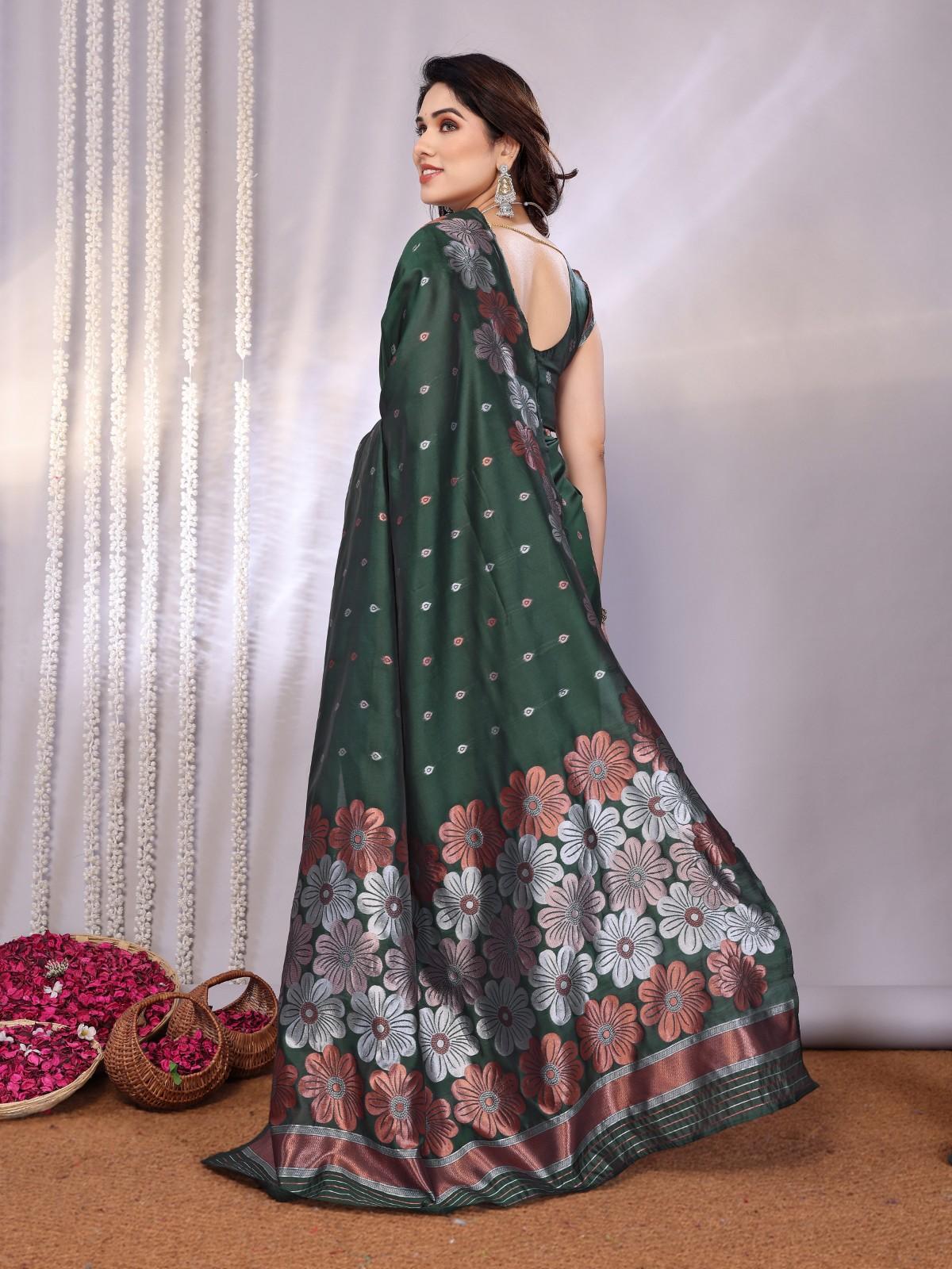 Traditional Banarasi Silk Saree with Copper & Silver Floral Motifs