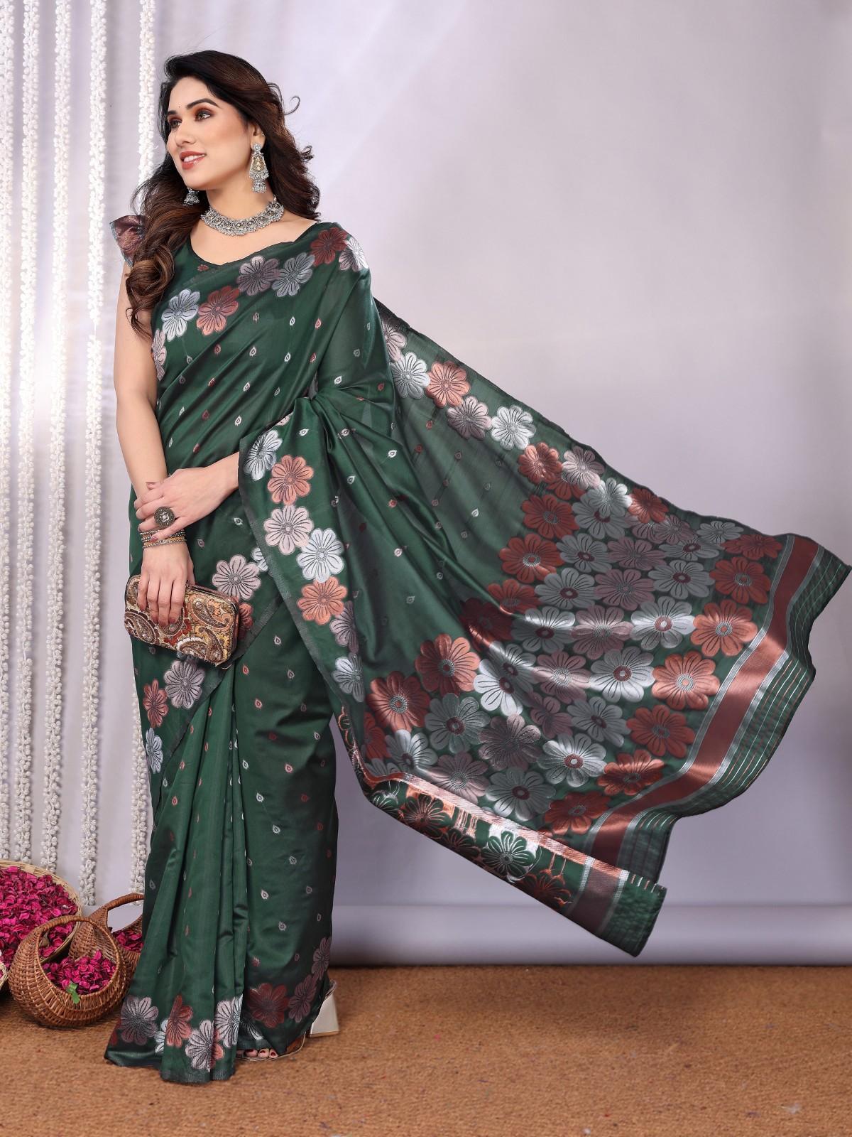 Traditional Banarasi Silk Saree with Copper & Silver Floral Motifs
