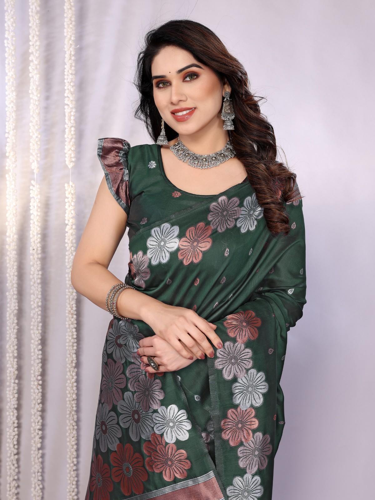Traditional Banarasi Silk Saree with Copper & Silver Floral Motifs