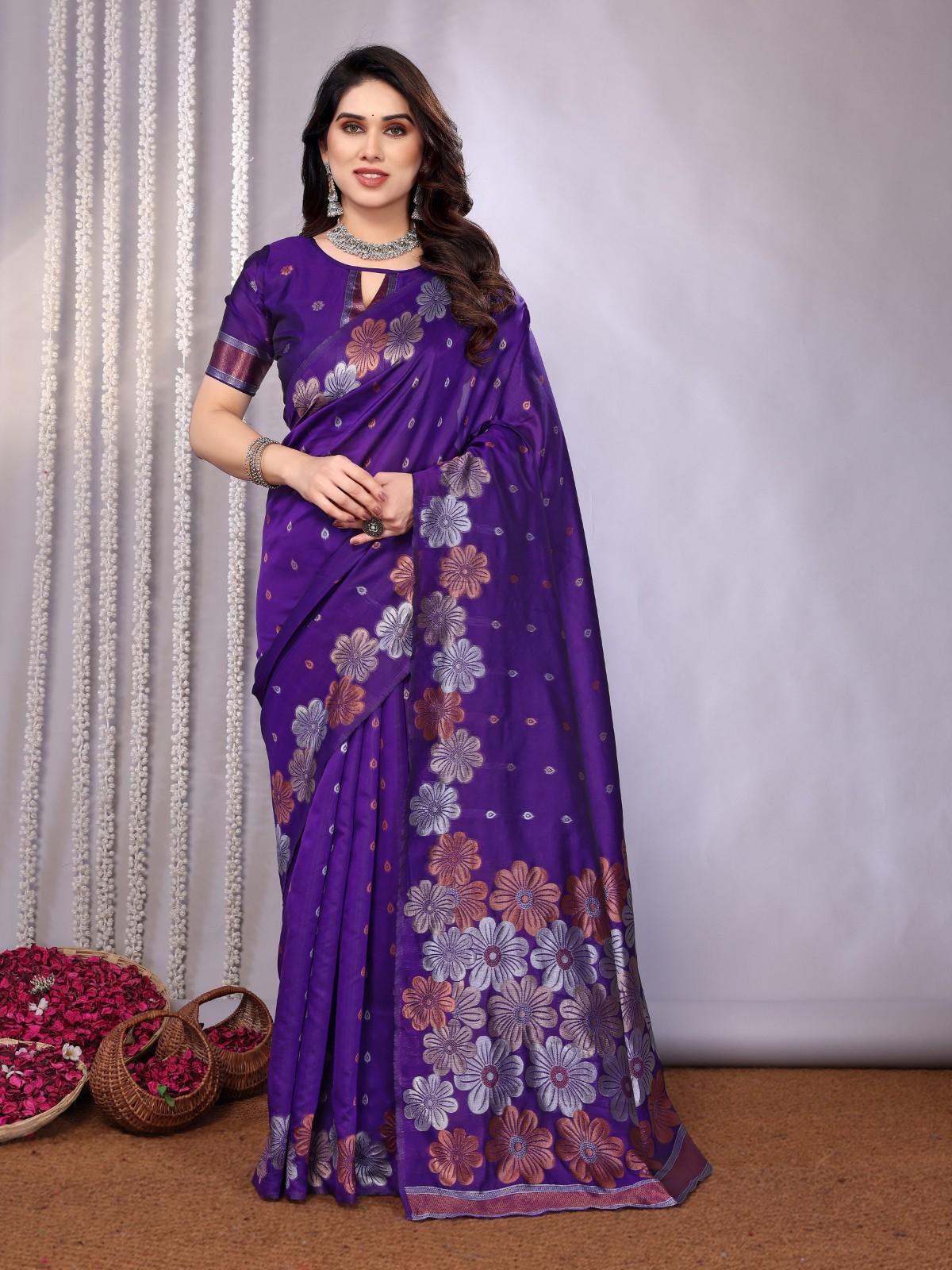 Traditional Banarasi Silk Saree with Copper & Silver Floral Motifs