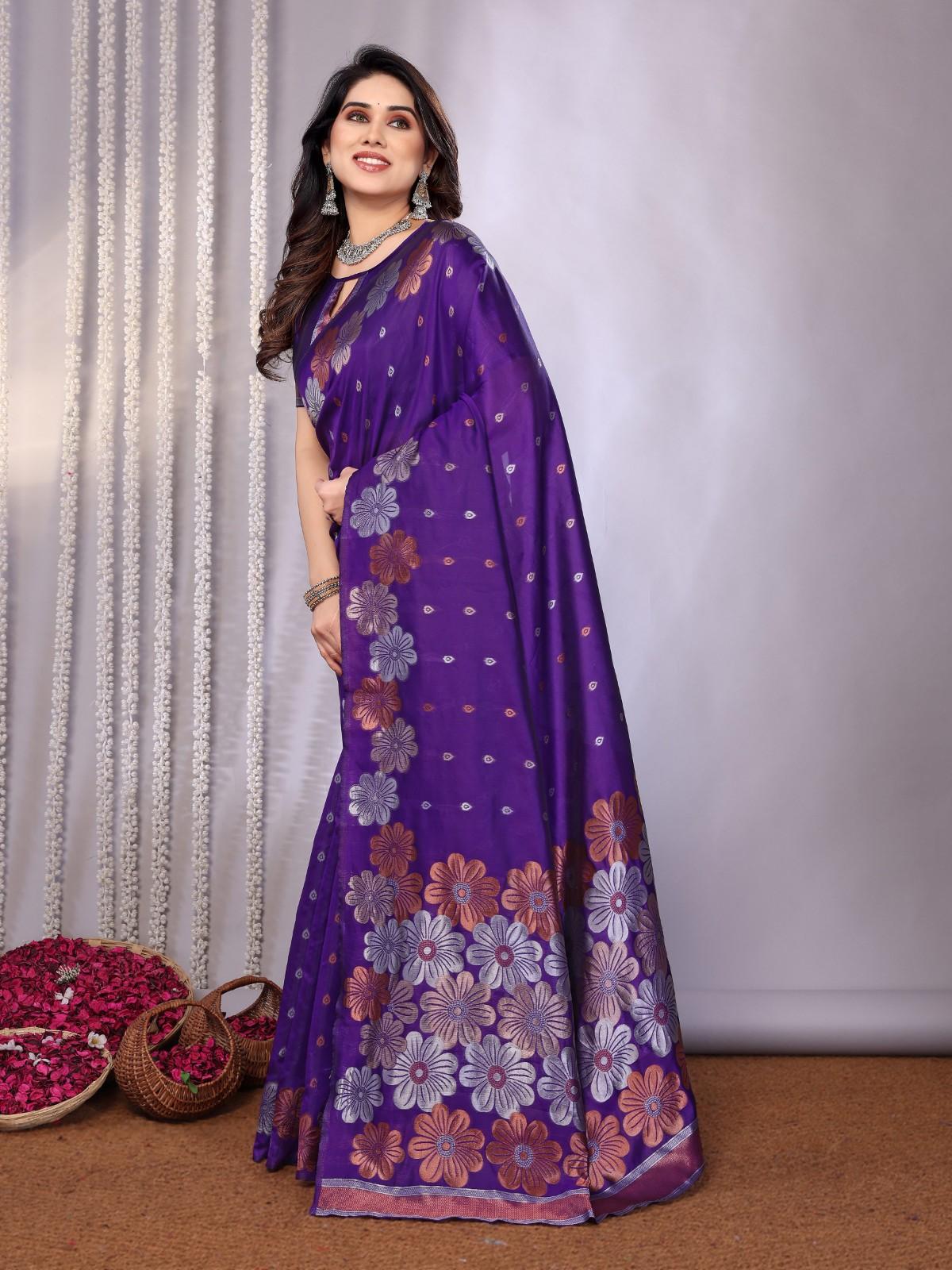 Traditional Banarasi Silk Saree with Copper & Silver Floral Motifs