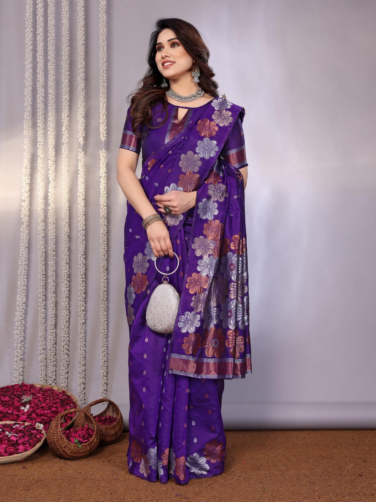 Traditional Banarasi Silk Saree with Copper & Silver Floral Motifs