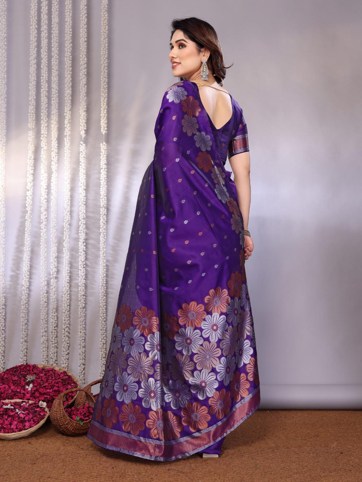 Traditional Banarasi Silk Saree with Copper & Silver Floral Motifs