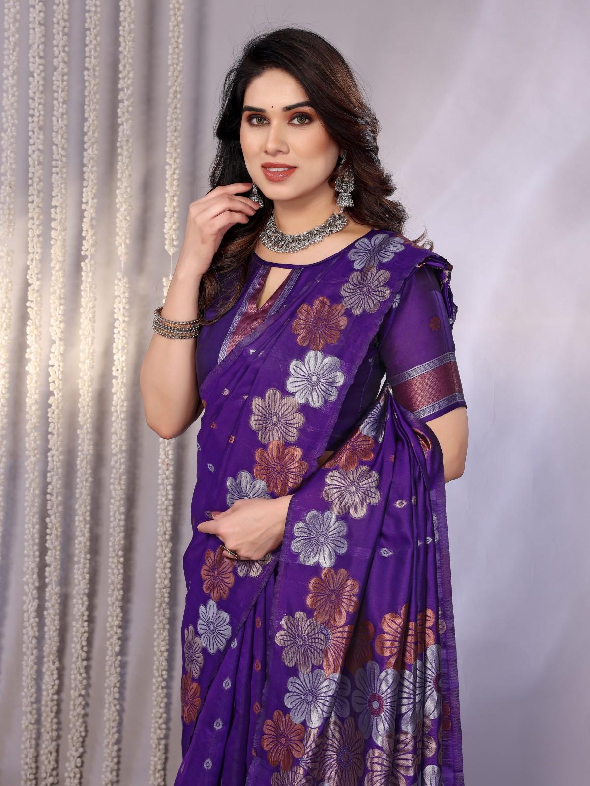 Traditional Banarasi Silk Saree with Copper & Silver Floral Motifs