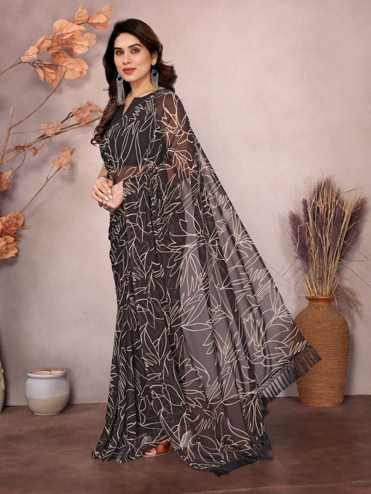 Elegant Georgette Ready-to-Wear Saree with White Abstract Print & Zalar Lace Border | Party & Casual Wear Saree for Women