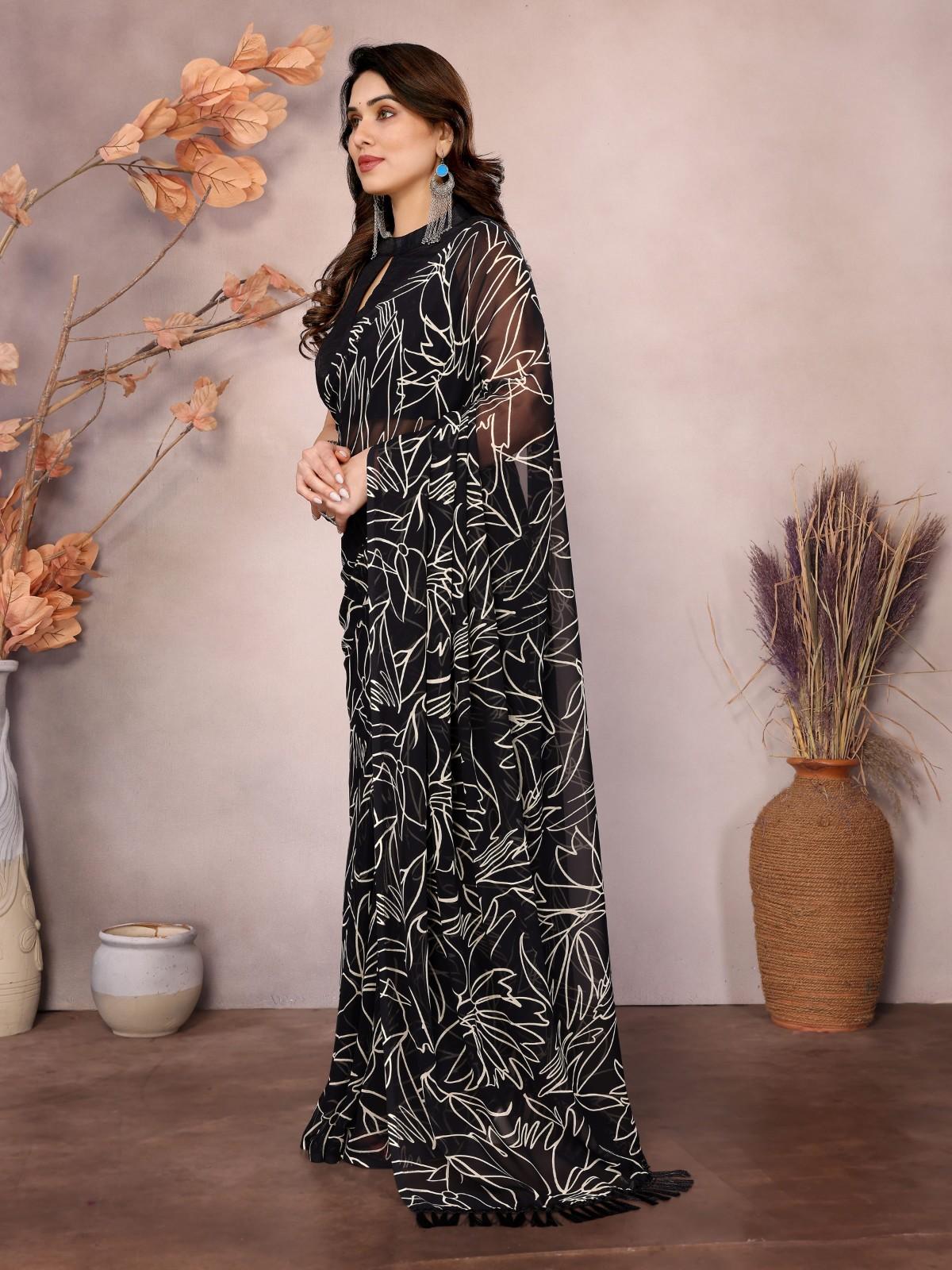 Elegant Georgette Ready-to-Wear Saree with White Abstract Print & Zalar Lace Border | Party & Casual Wear Saree for Women