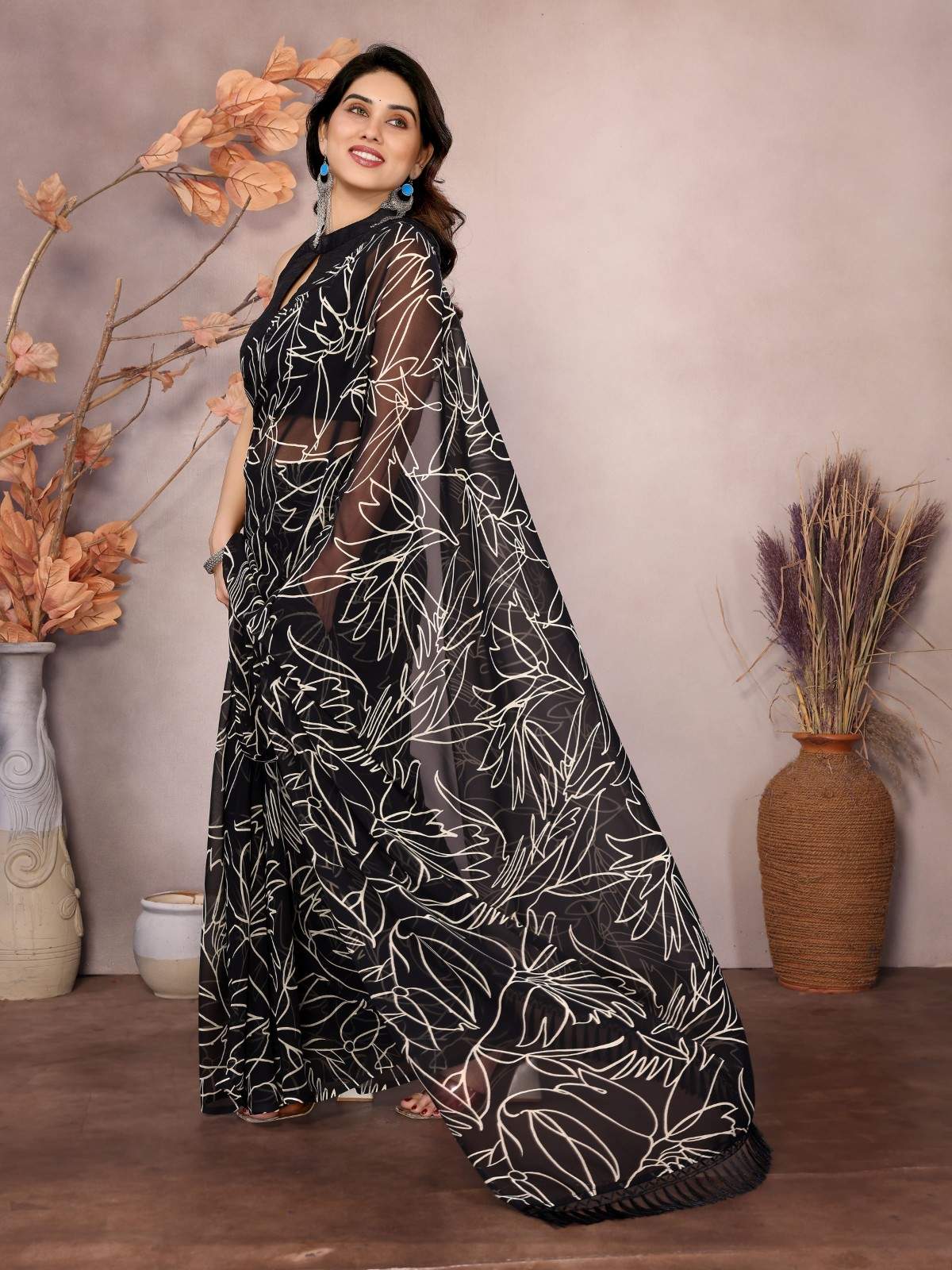 Elegant Georgette Ready-to-Wear Saree with White Abstract Print & Zalar Lace Border | Party & Casual Wear Saree for Women