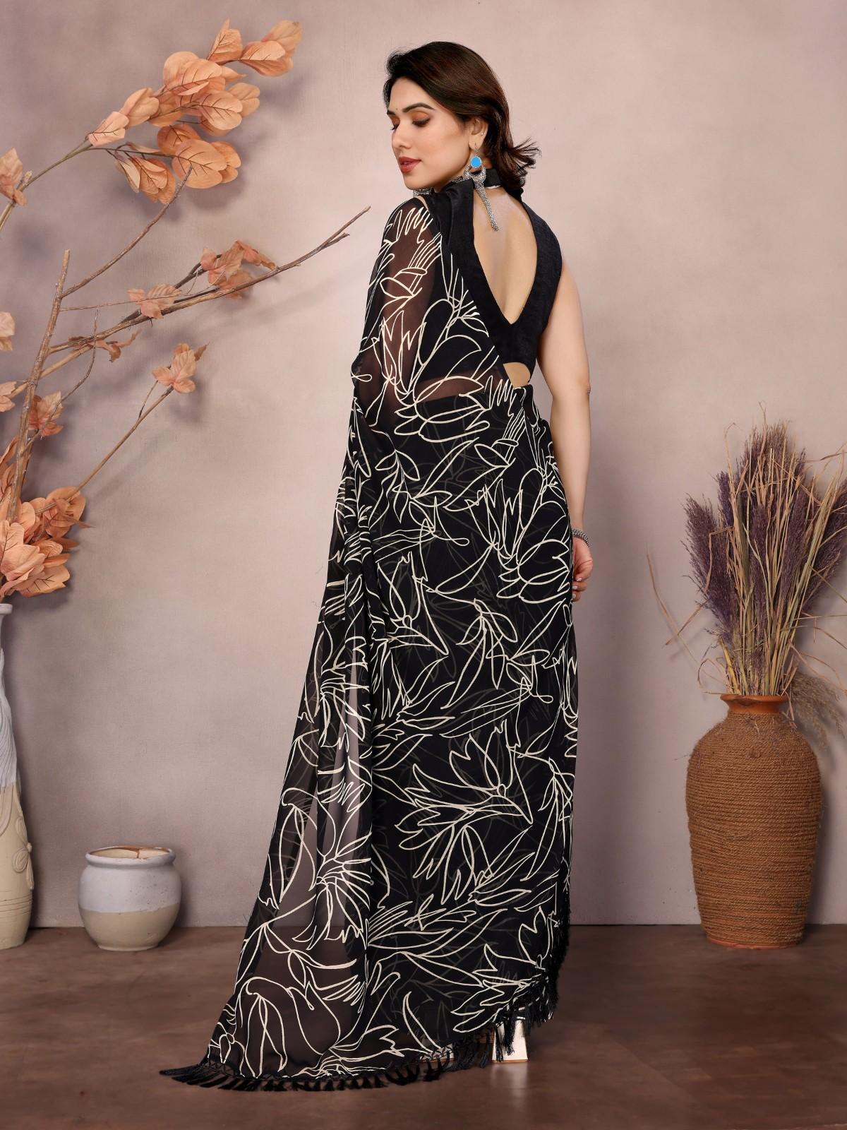 Elegant Georgette Ready-to-Wear Saree with White Abstract Print & Zalar Lace Border | Party & Casual Wear Saree for Women