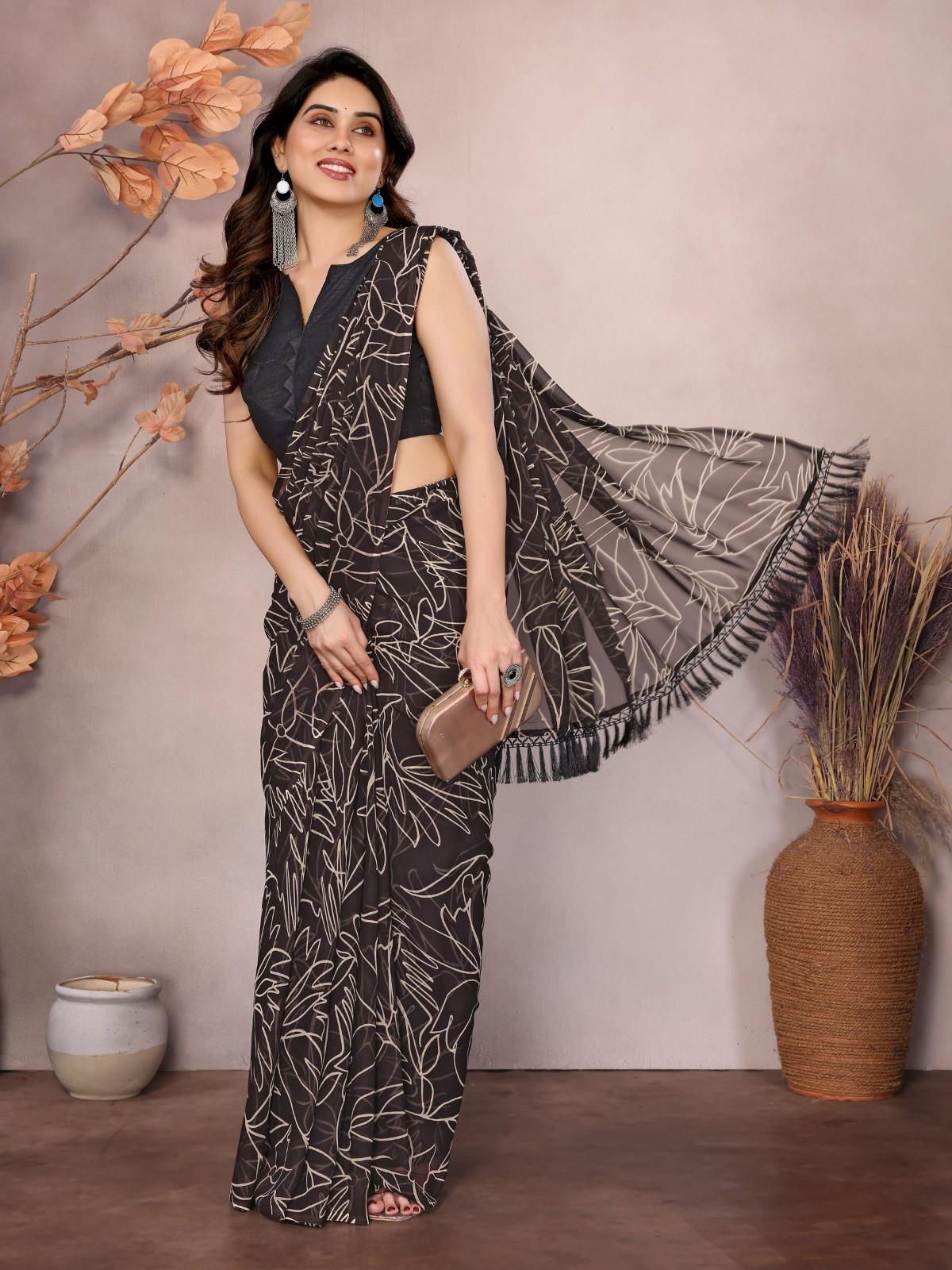 Elegant Georgette Ready-to-Wear Saree with White Abstract Print & Zalar Lace Border | Party & Casual Wear Saree for Women
