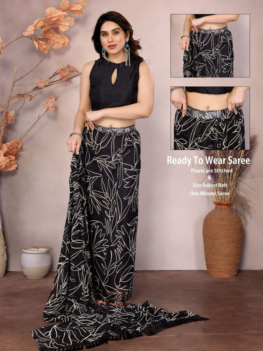 Elegant Georgette Ready-to-Wear Saree with White Abstract Print & Zalar Lace Border | Party & Casual Wear Saree for Women