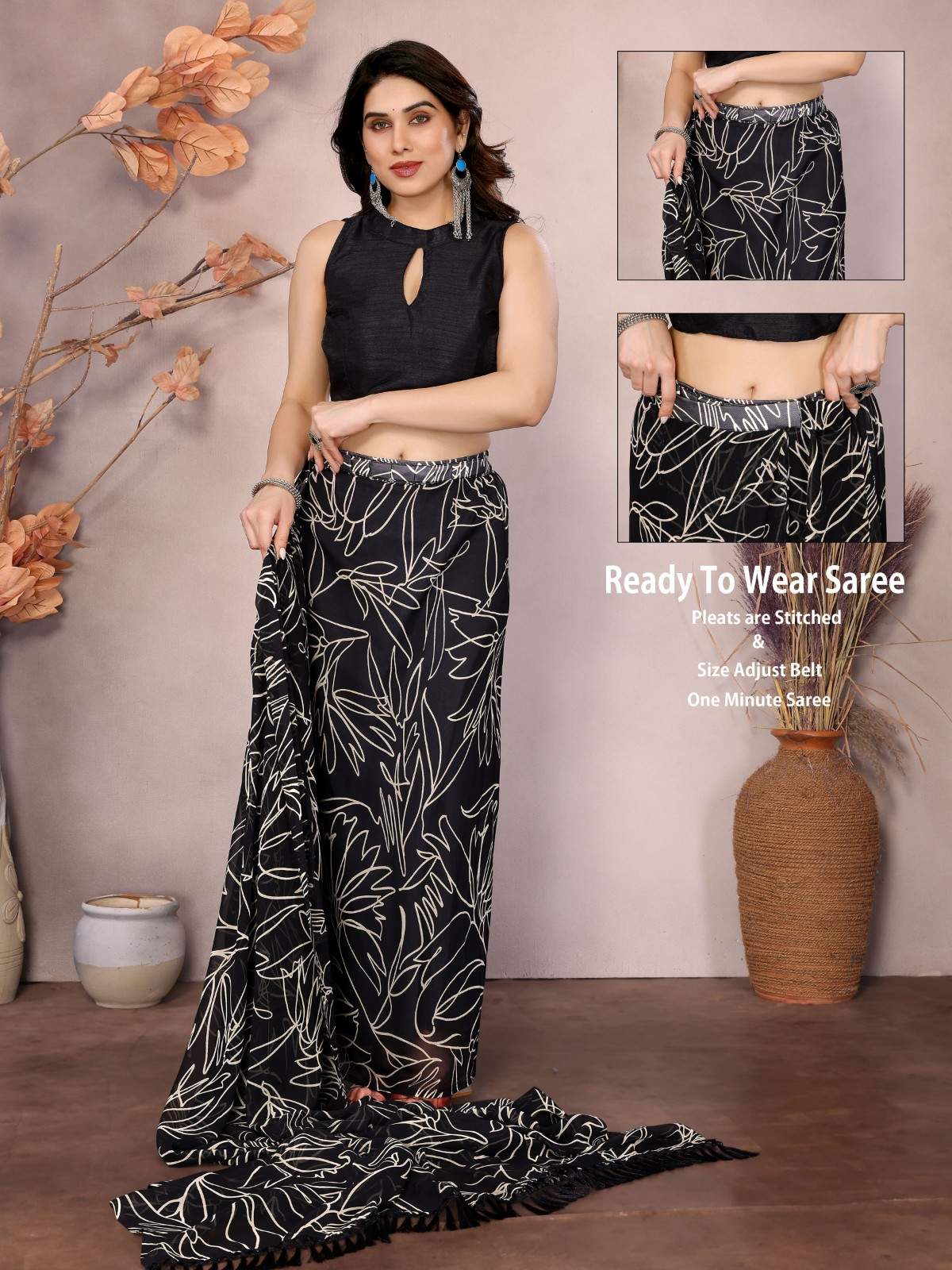 Elegant Georgette Ready-to-Wear Saree with White Abstract Print & Zalar Lace Border | Party & Casual Wear Saree for Women