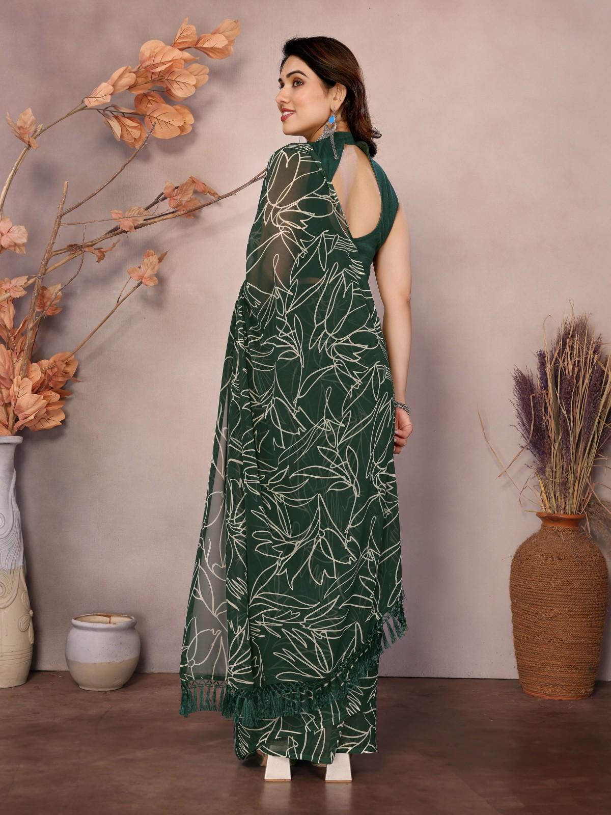 Elegant Georgette Ready-to-Wear Saree with White Abstract Print & Zalar Lace Border | Party & Casual Wear Saree for Women