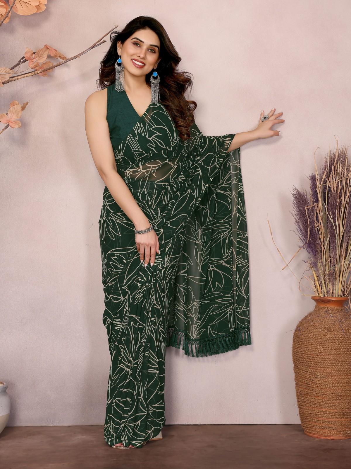 Elegant Georgette Ready-to-Wear Saree with White Abstract Print & Zalar Lace Border | Party & Casual Wear Saree for Women