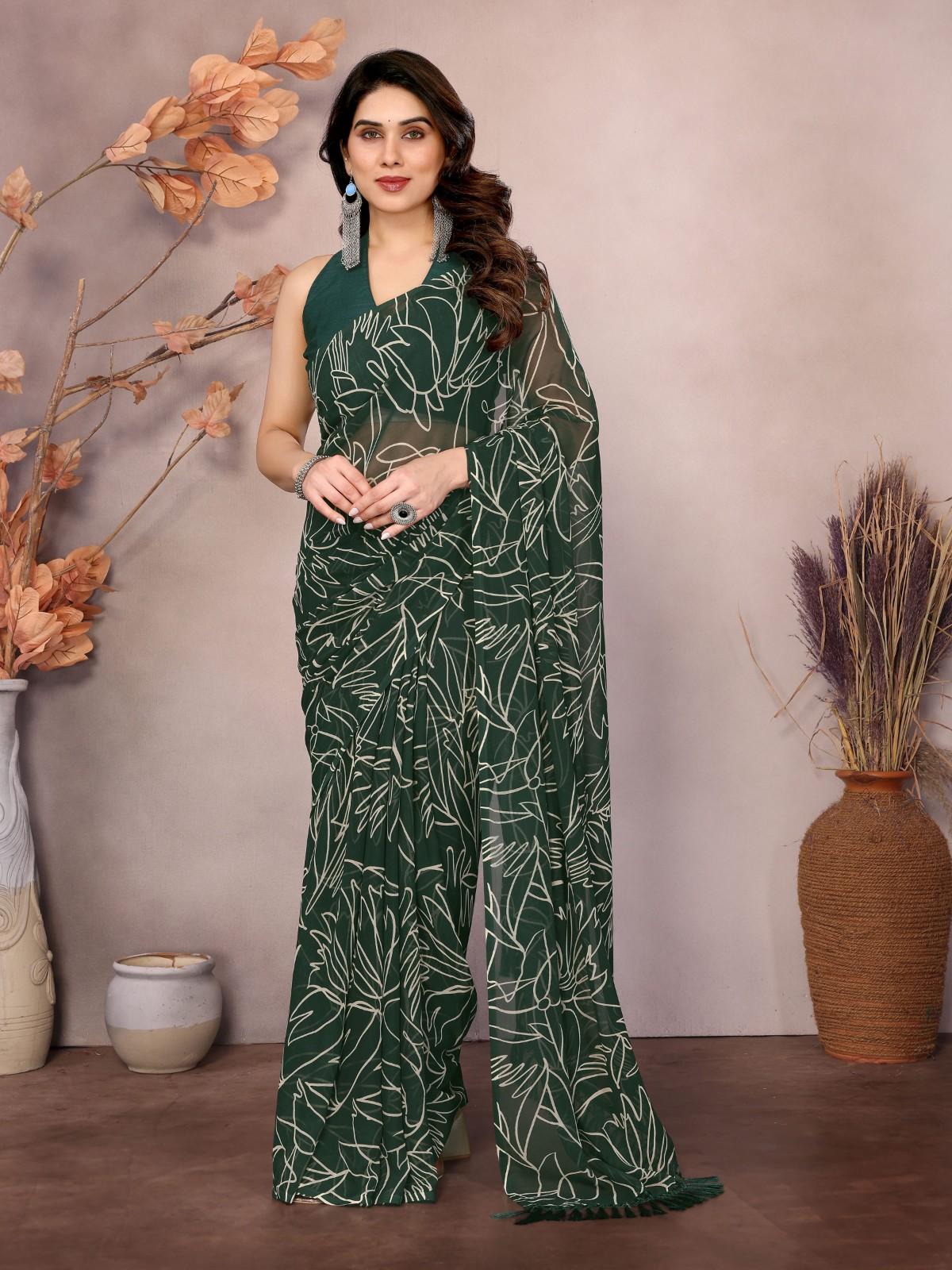 Elegant Georgette Ready-to-Wear Saree with White Abstract Print & Zalar Lace Border | Party & Casual Wear Saree for Women