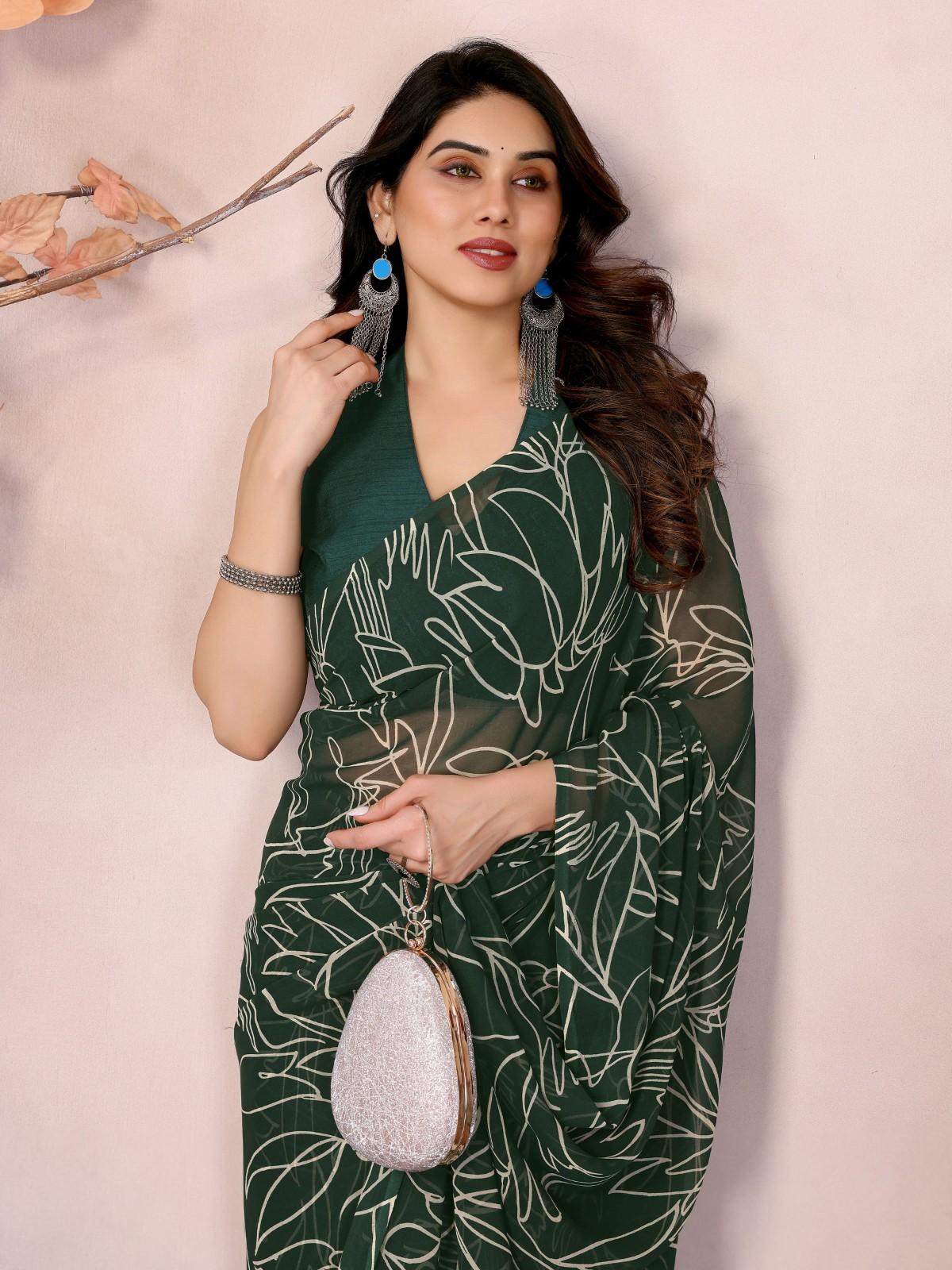 Elegant Georgette Ready-to-Wear Saree with White Abstract Print & Zalar Lace Border | Party & Casual Wear Saree for Women