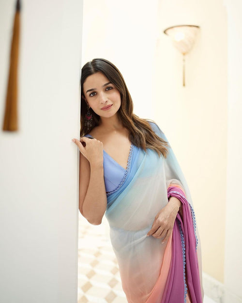 Alia Bhatt Inspired Shaded Georgette Silk Saree with Blouse – Lightweight Party Wear Saree for Women