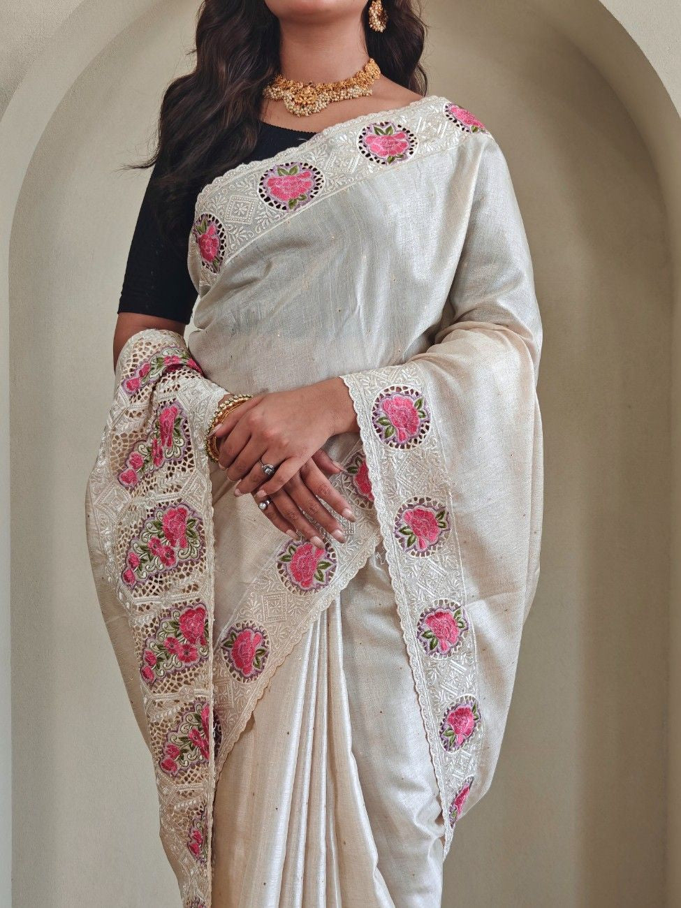 Tussar Silk saree with fine embroidery, cutwork, and contrast pallu.