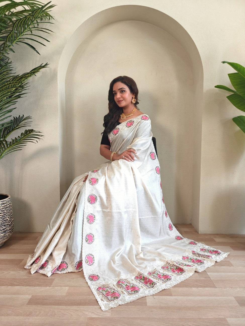 Tussar Silk saree with fine embroidery, cutwork, and contrast pallu.