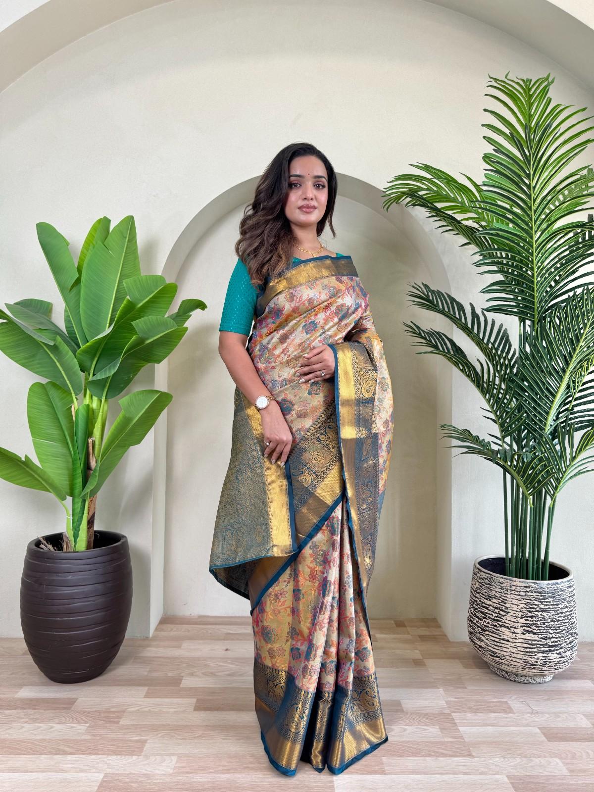 Kanchipuram Silk Sarees with golden zari weaving, rich pallu, zari border