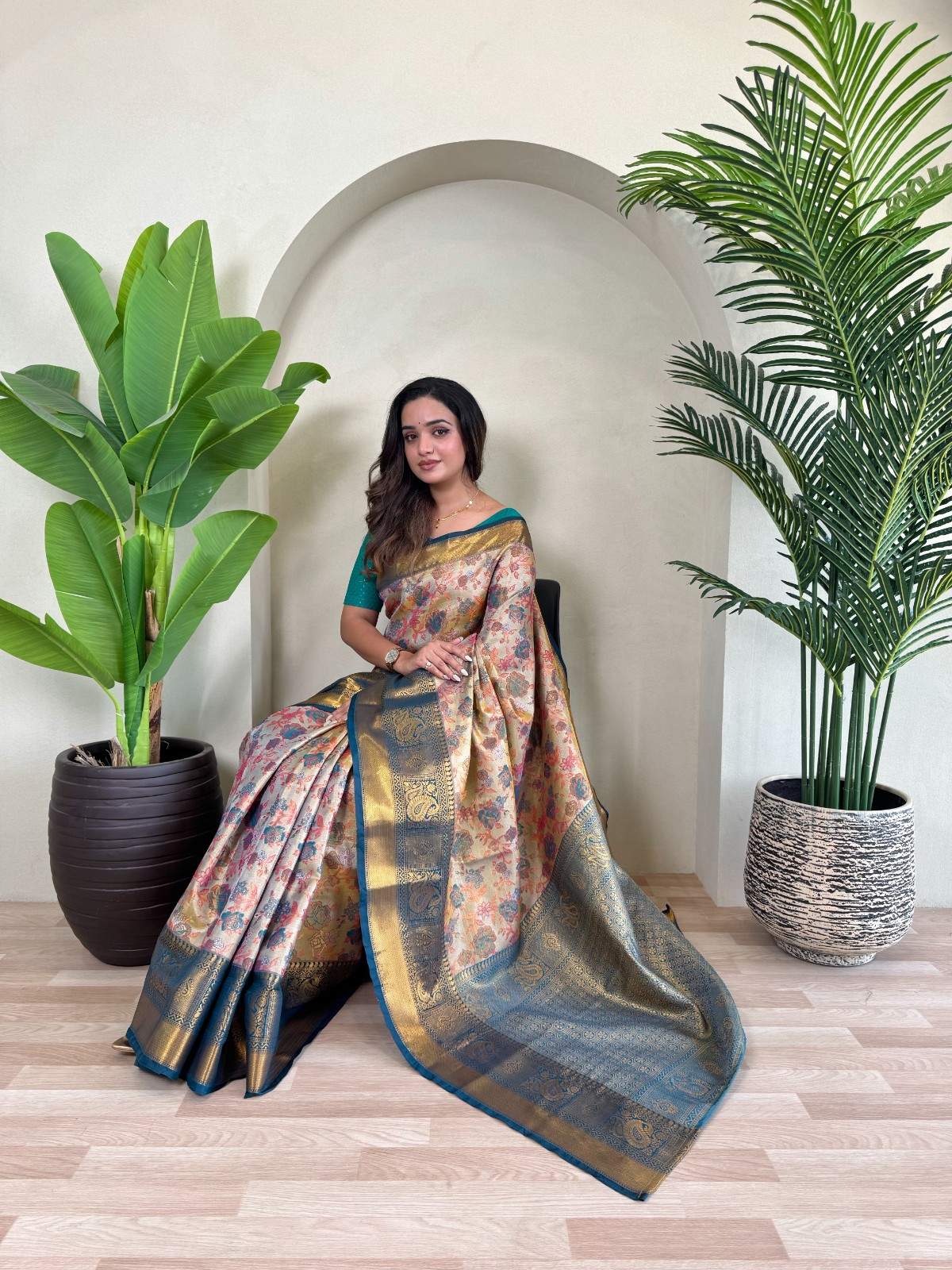 Kanchipuram Silk Sarees with golden zari weaving, rich pallu, zari border