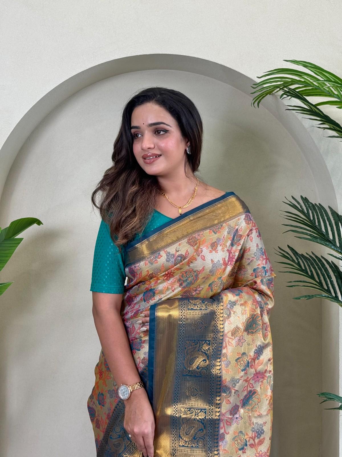 Kanchipuram Silk Sarees with golden zari weaving, rich pallu, zari border