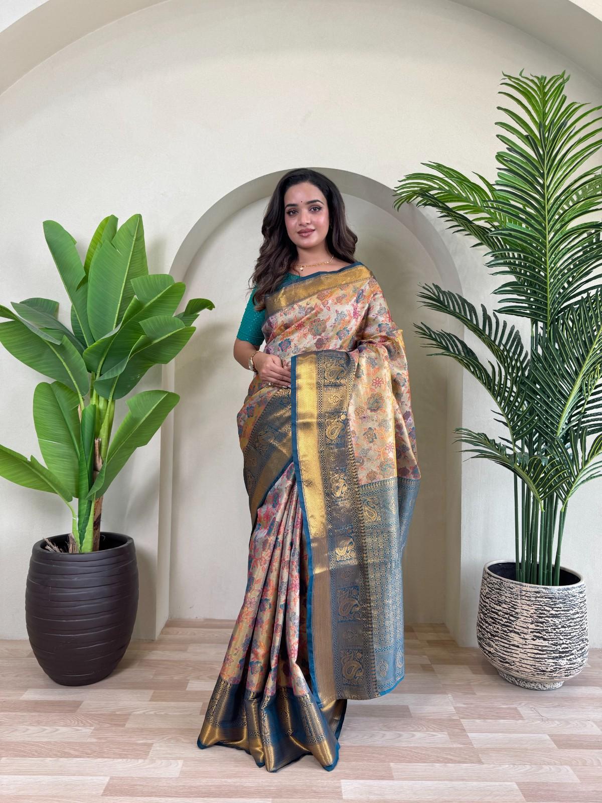 Kanchipuram Silk Sarees with golden zari weaving, rich pallu, zari border