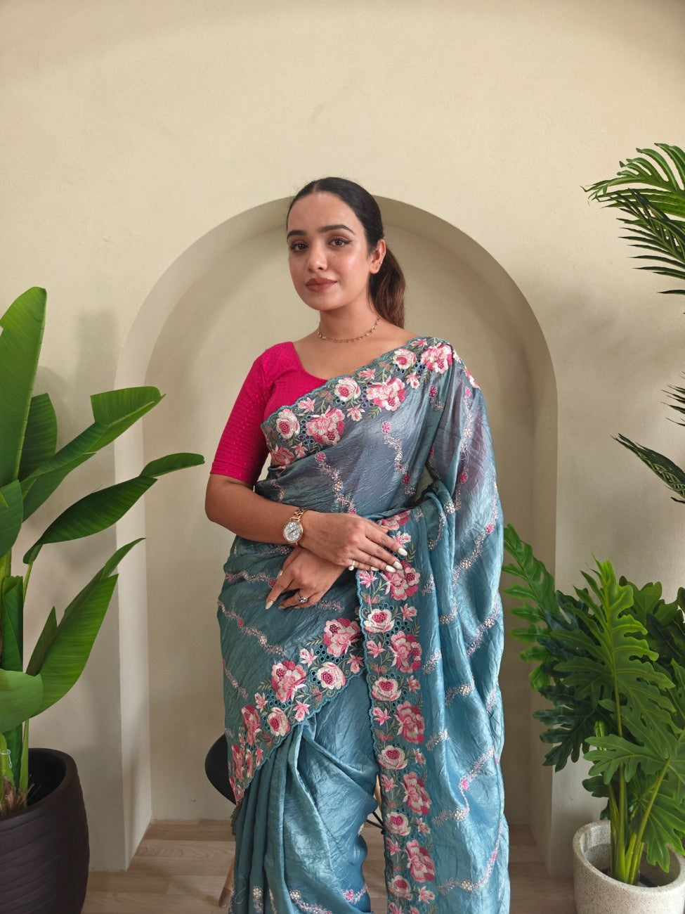 Premium Crush Silk Saree With Leheriya-inspired Embroidery