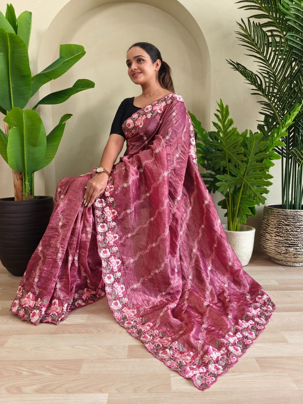 Premium Crush Silk Saree With Leheriya-inspired Embroidery